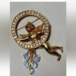 KIRKS FOLLY Angel w Rhinestones Wreath Hearts Dangles Gold Tone Brooch Pin